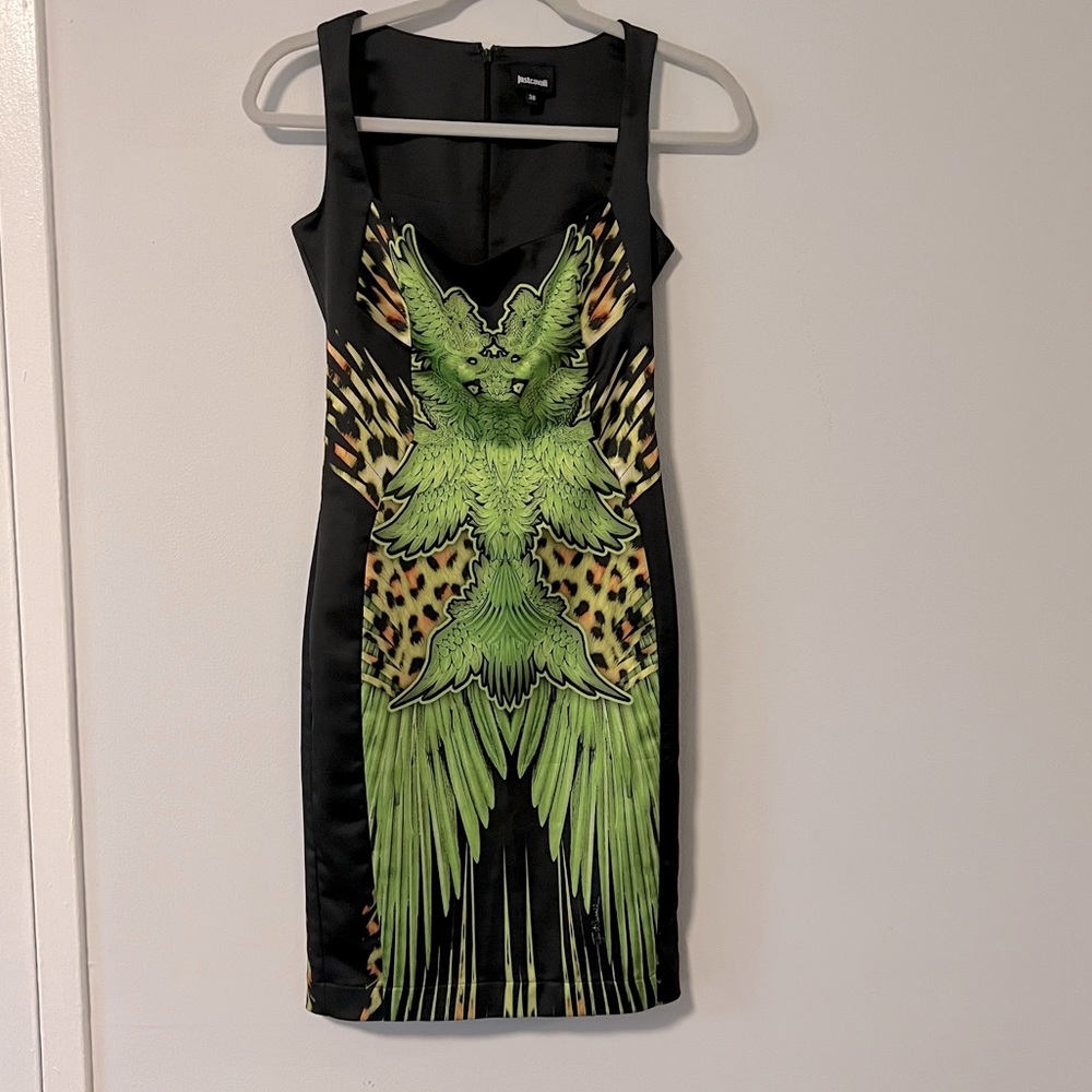 JUST CAVALLI Leopard and Bird Print Cocktail Dress
